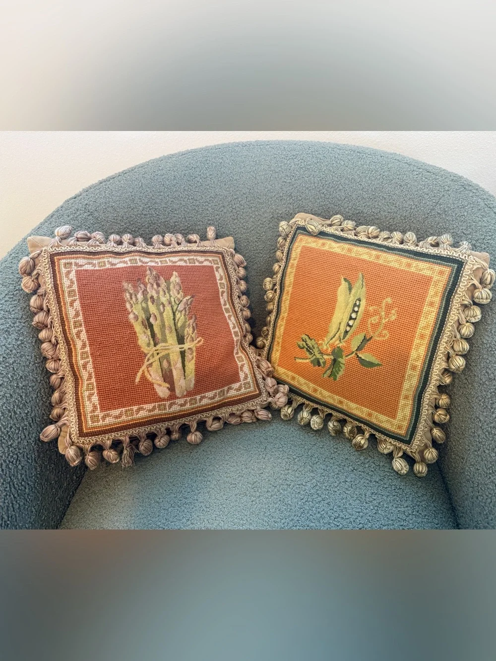 Pair Needlepoint Botanical Pillows Velvet Back Down Inserts with Tassel Trim